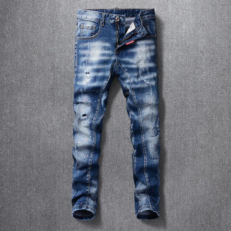 

Fashion Designer Men Jeans Retro Washed Blue Stretch Slim Fit Painted Ripped Jeans Men Patched Hip Hop Vintage Denim Pants