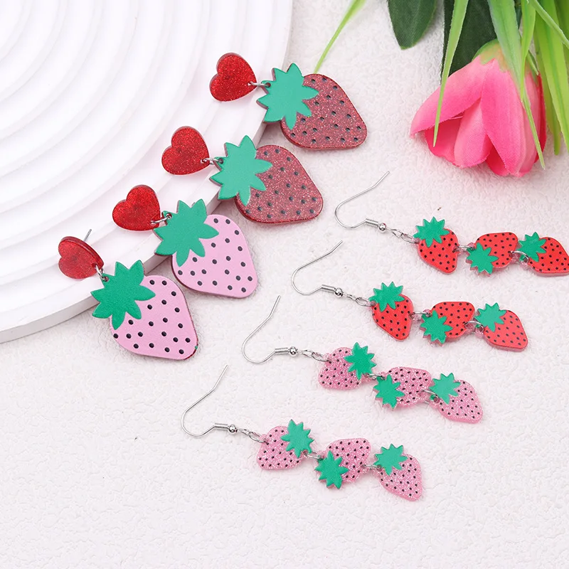 New Summer Beach Strawberry Hawaiian Style Earrings Creative and Fun Acrylic Printed Fashion Earrings Decoration