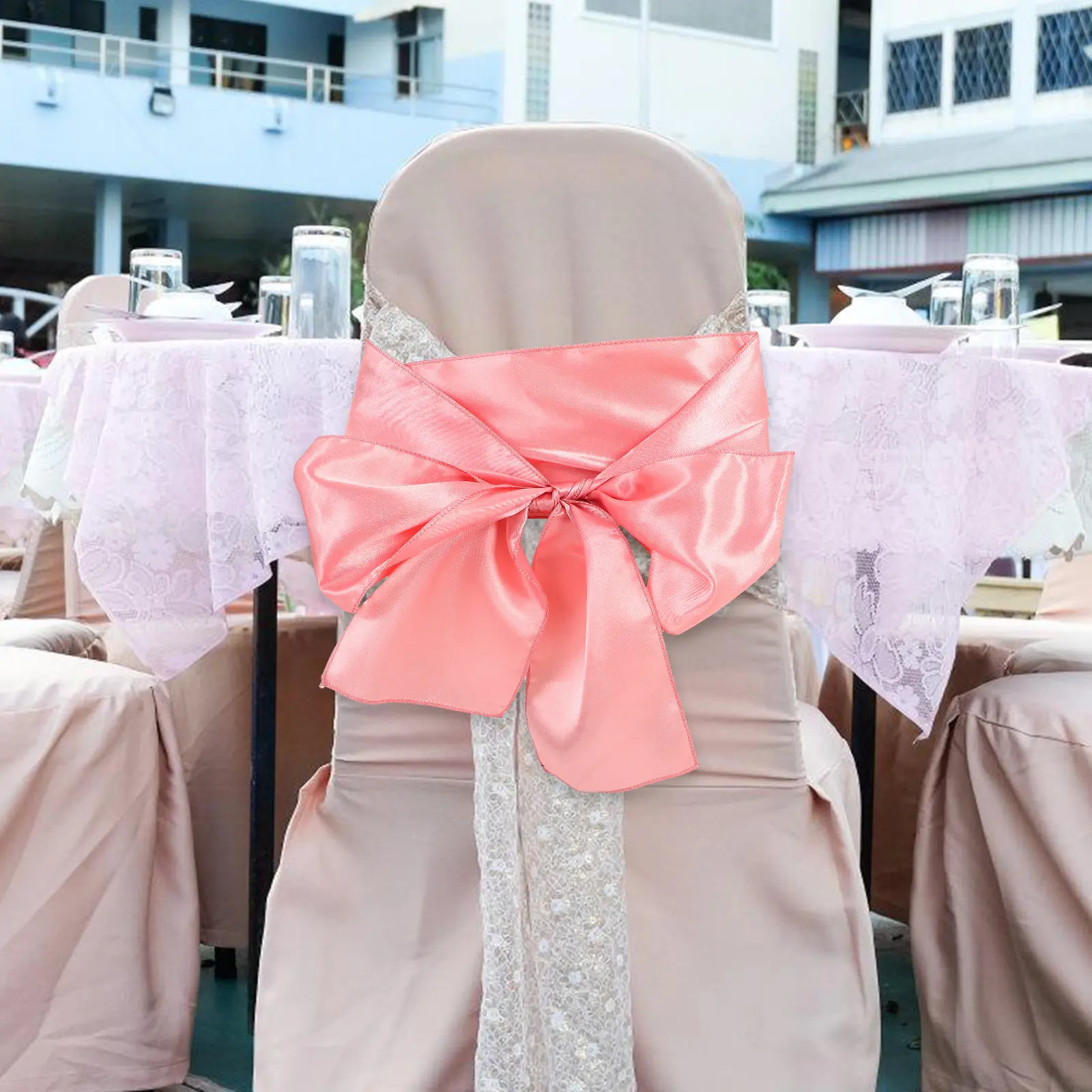 10Pcs Rose Gold Satin Wedding Chair Ties Reusable Chair Bows for Party Banquet Shower Reception Ribbon Decorations
