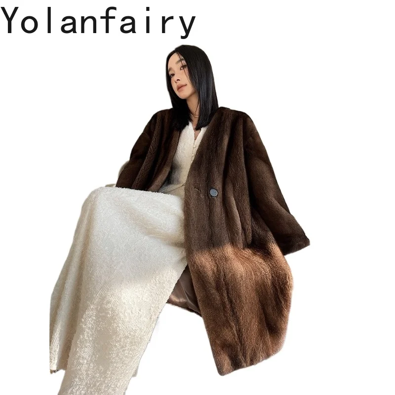 YOLANFAIRY 100% Velvet Mink Real Fur Coat Woman Winter Chic Real Whole Mink Fur Jacket Silver Cross Elegant Mink Outerwear 100cm