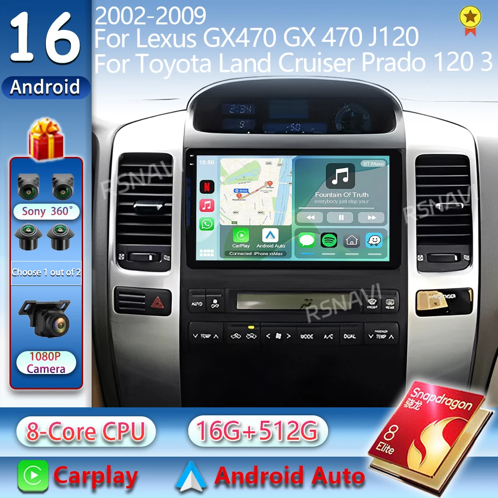 Android 16 Carplay Auto For Toyota Land Cruiser Prado 120 3 For Lexus GX470 GX 470 J120 2002 - 2009 Car Radio Stereo Player 2Din