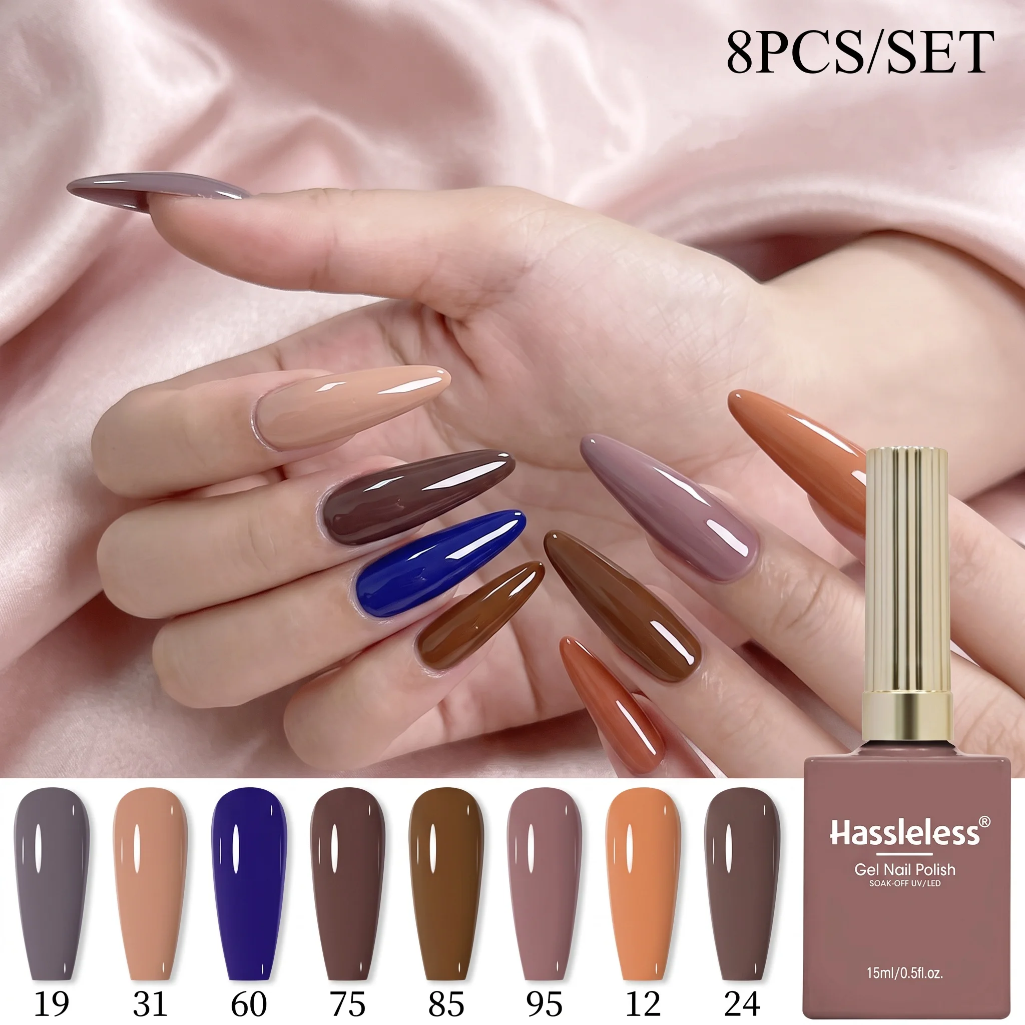 Hassleless 8Pcs Nail Polish Gel Set - Each Bottle Contains 15ml, Removable Nail Polish, Long-Lasting High Color Payoff and Shiny Texture, Salon-Grade Nail Kit Suitable for Beginners