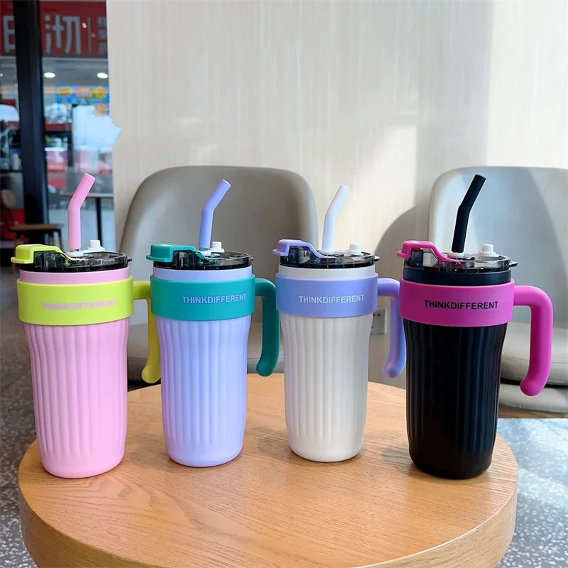 860ml Thermos Water Bottle Stainless Tumbler Large Capacity Coffee Thermal Cup With Handle Straw Outdoor Vacuum Insulated Bottle