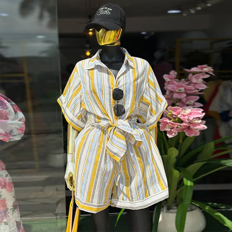 

Fashion Women's Set Short Sleeve Striped Turn-down Collar Shirt and Shorts 2026 INS Two 2 Piece Sets Outfit Tracksuits