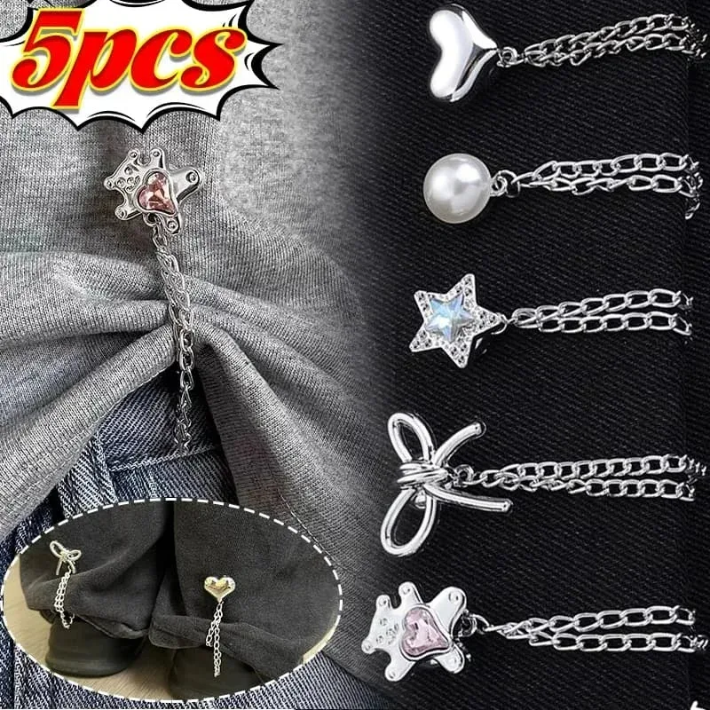10 Peças de Clipes Magnéticos Multifuncionais para Roupas com Corrente, Botões de Metal com Borla, Clipe para Enrolar Calças, Liga Metálica para Ajustar Pernas de Calças e Shorts