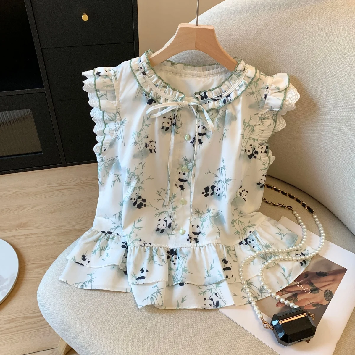 

Retro Chinese Style Panda Bamboo Print round Neck Fly Sleeve Shirt Women Summer Design Trendy Chiffon Top Fashionable Blouse