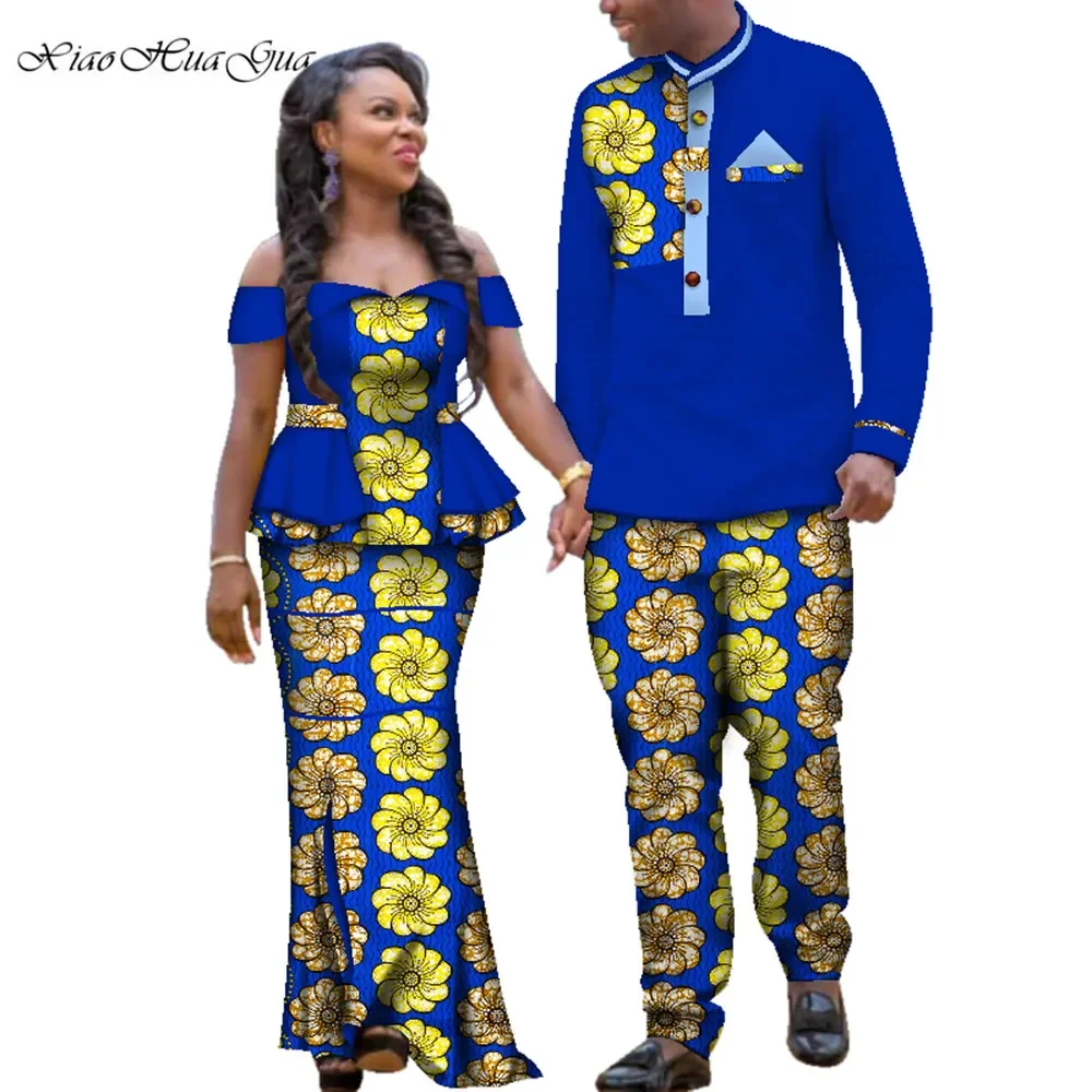 Ankara Wedding 2 Pcs Set African Dashiki Couple Print Clothing for Lovers Men's Shirt and Pant Blazer Women's Party Dress WYQ113