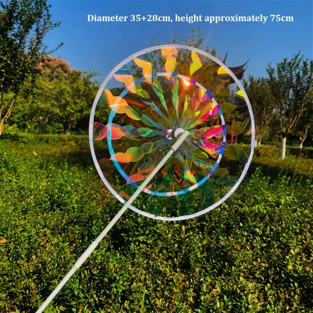 Láseres coloridos multiestilos, película deslumbrante, molino de viento que cambia de Color, estaca brillante de doble capa, molinete de flores para césped de pie, PVC
