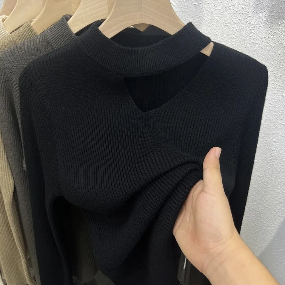 Hollow Out Collar Knit Base Layer Top Slim Fit Long Sleeve Long Sleeve Sweater Knit Elegant Style Clavicle Cutout Top