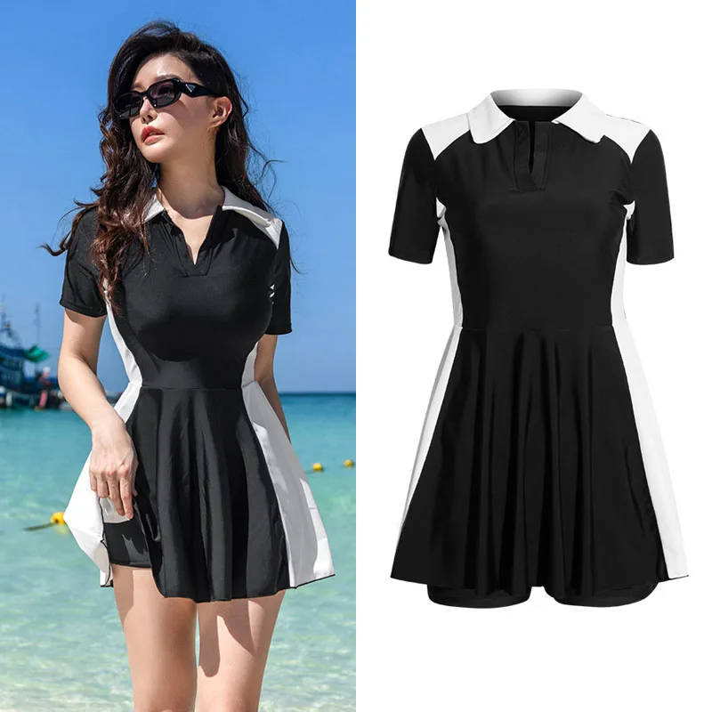 

Women’s Short Sleeve One Piece Swimsuits Modest Swim Dress Tummy Control Bathing Suit Beachwear with Boyshorts Bottom Front Zip