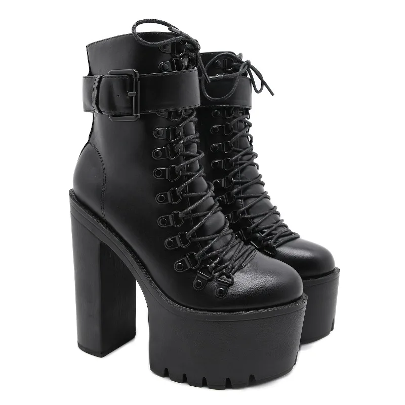 

Black Leather Chunky Heel Ankle Boots Women's Lace Up Side Zip Buckle Strap Gothic Punk Daily Clubwear Short Boot Platform Shoes