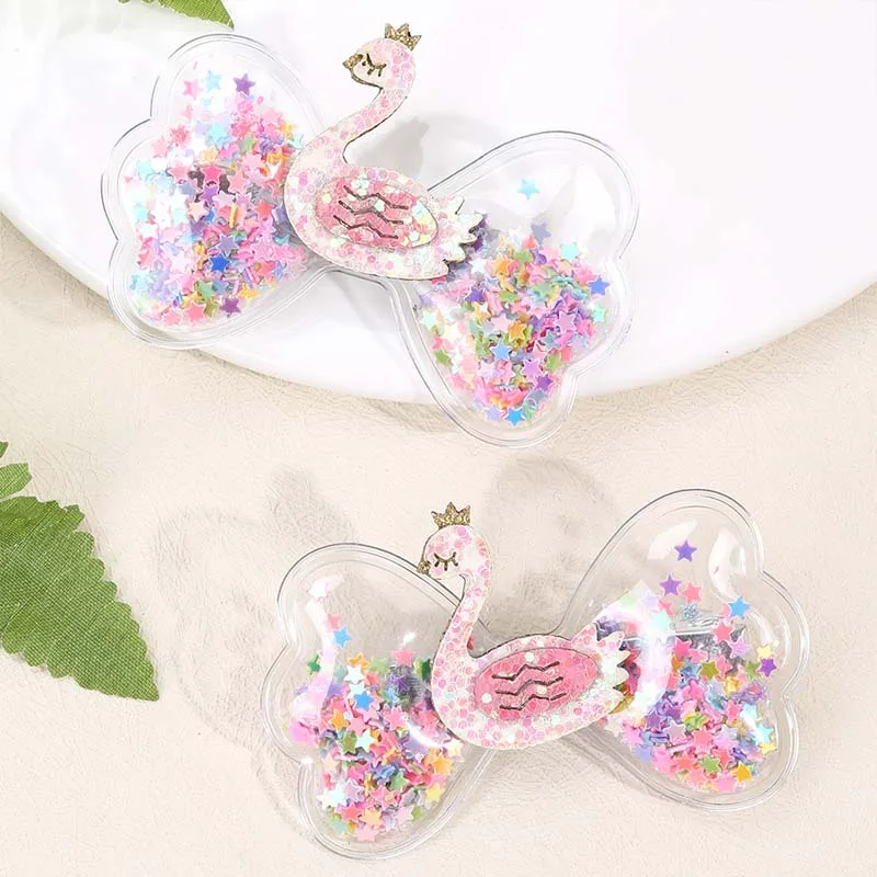 ncmama 2Pcs Rainbow Swan Unicorn Castle Star Hair Bow Clips for Baby Girls Transparent PVC Bow Hairpin Headwear Hair Accessories