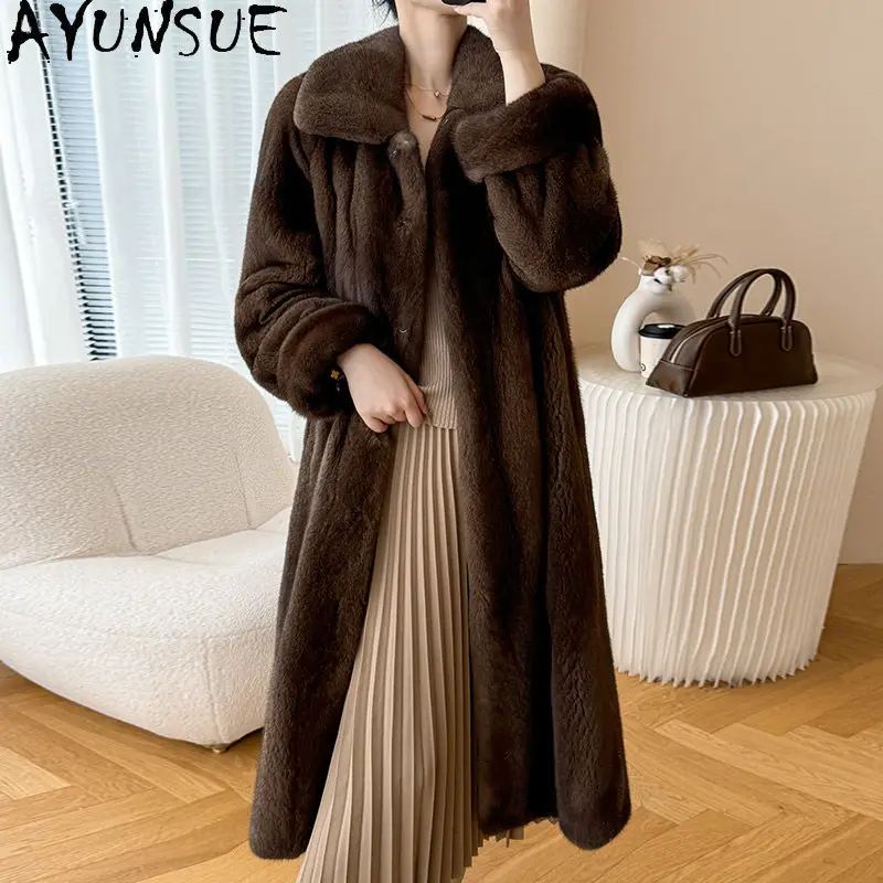 AYUNSUE abrigo de piel auténtica de visón para mujer, chaqueta de piel de longitud media de lujo, abrigos de piel de visón enteros de estilo coreano para mujer, ropa de invierno
