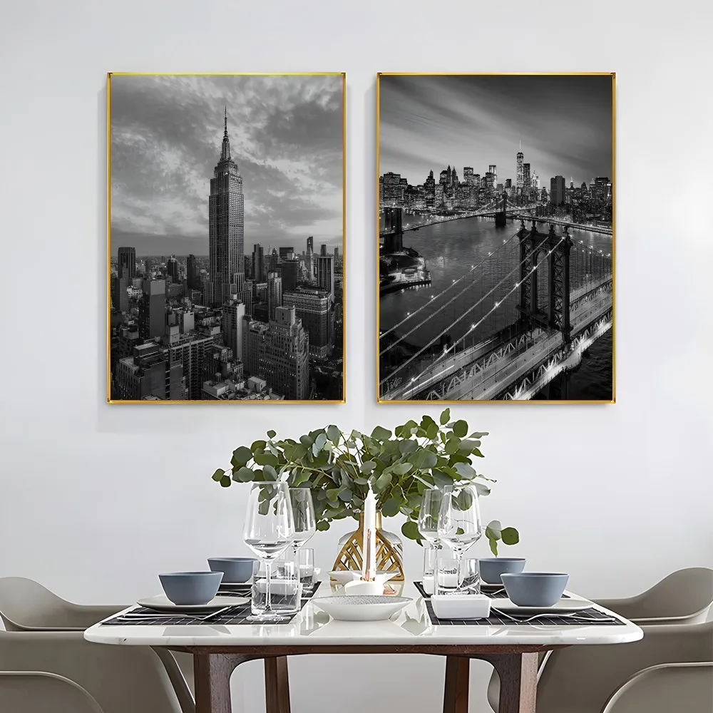 1PC New York Bridge City Blackand White  Poster Self-adhesive Art Waterproof Paper Sticker Coffee House Bar Room Wall Decor