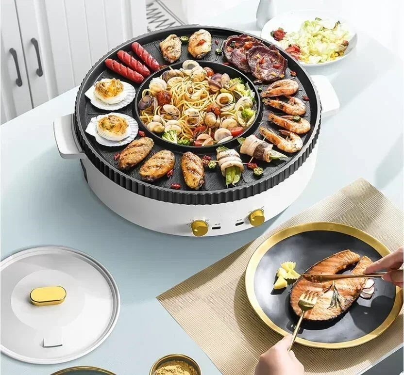 New multifunction hot pot electric barbecue grill all-in-one pot kitchen household barbecue meat grill fish machine high power