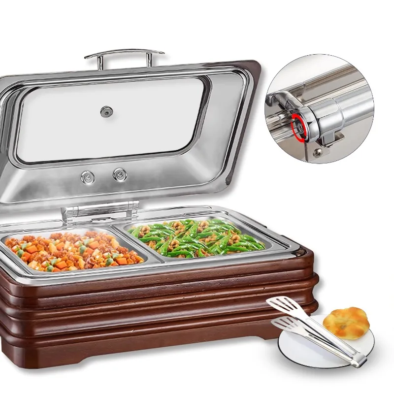 Luxury Wooden Base Chafing Dish  Hotel Stainless Steel Buffet Restaurant Catering Buffet Set