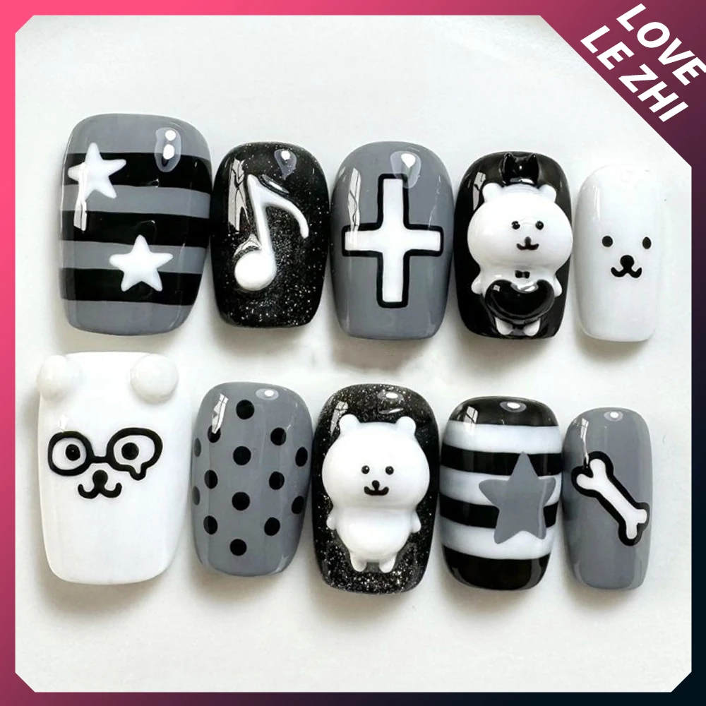 เล็บปลอมลายการ์ตูนอนิเมะริลัคคุมะ ทำมือ ทรงสั้น สี่เหลี่ยม อัลมอนด์ ลายหมีน่ารัก แมว ใบโคลเวอร์สี่แฉก วาดด้วยมือ