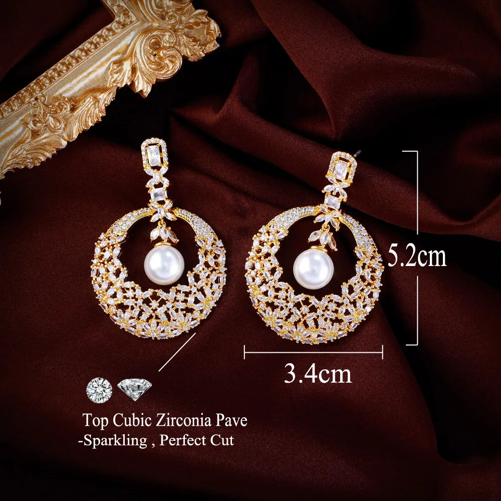 CWWZircons Round Blossom Flower Long Cubic Zirconia Women Statement Long Drop Earring Wedding Party Bridal Jewelry Gift CZ628