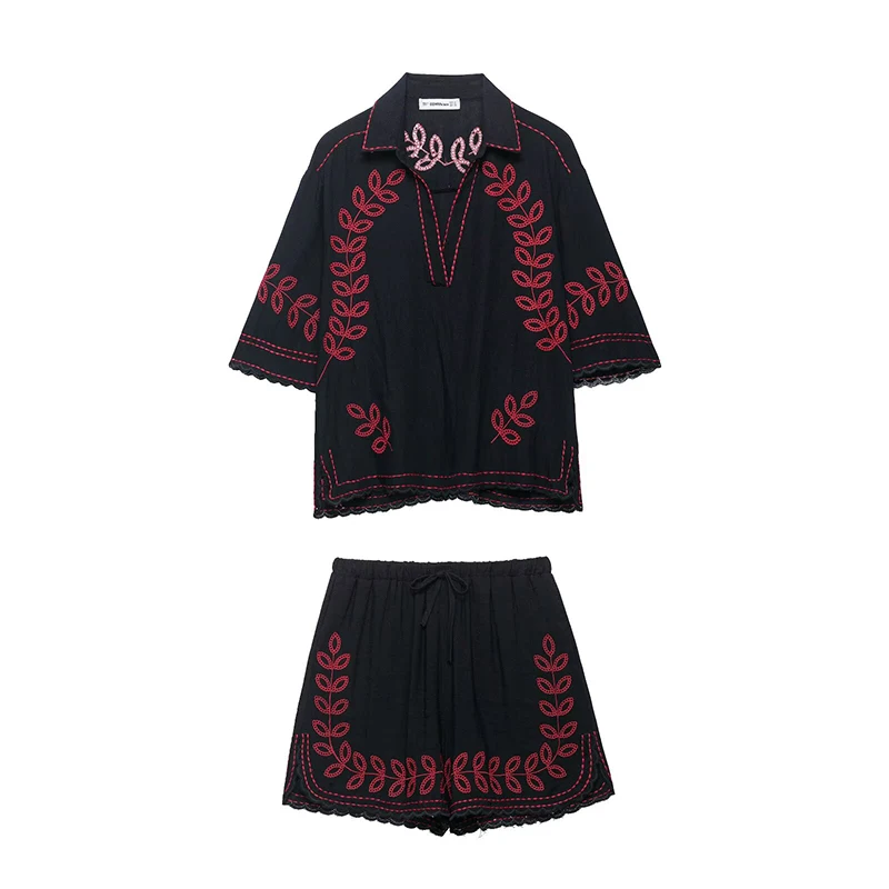 

RAFZNB High Waist Embroidery Shorts Sets for Women 2 Pieces Fashion Embroidery Short Sleeve Shirts Two Piece Set Women Outfits