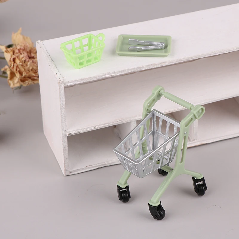 1/12 Dollhouse Miniature Shopping Trolley Shopping Cart Basket Food Clip Tray DIY Dollhouse Supermarket Scene Decor Accessories