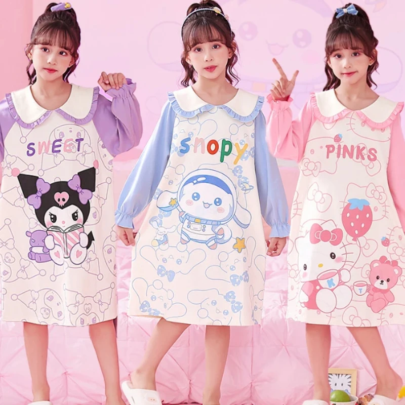 

Kawaii Sanrio Hello Kitty Cinnamoroll Y2K Children Cotton Nightgown Anime Kuromi My Melody Fall Casual Long-sleeved Girl Pajamas