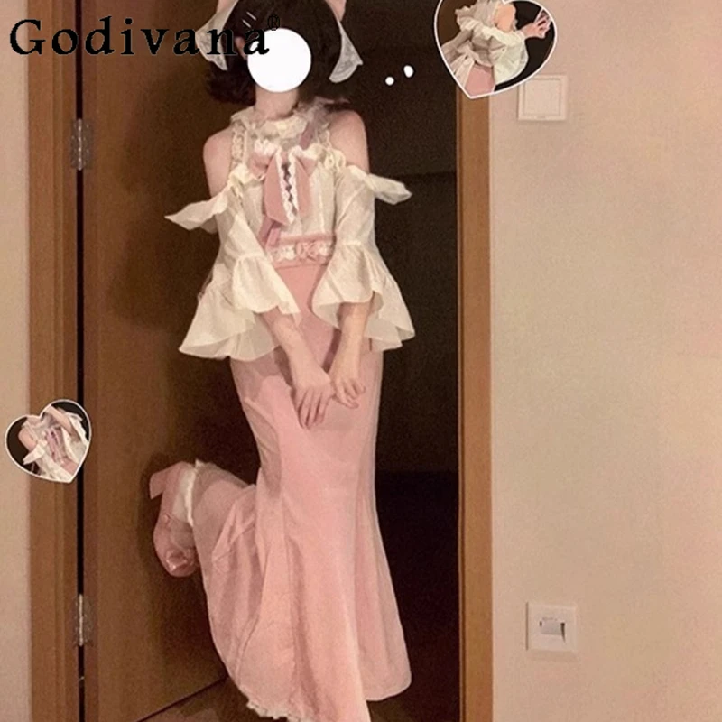 

Graceful Lady Cute Lolita Outfits Sweet Gentle Mermaid Lace Top Elegant Half Skirt Pink Set Women's Japanese Style Bow Suits