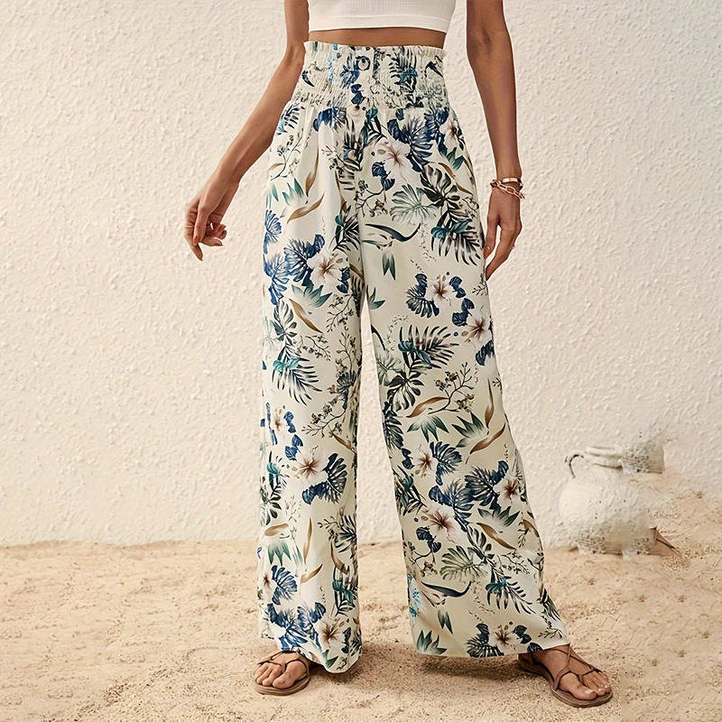 

Boho Fashion Floral Printed Wide Leg Pants Women Casual Elastic High Waist Straight Trouser Beach Vocation Plus Size Loose Pants