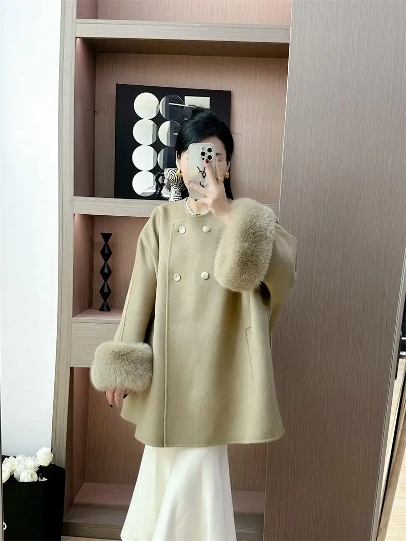 Double Breasted Wool Coat Female 2024 Autumn Winter New Woolen Coat Cape Real Fox Fur Coat Cashmere Coat Women