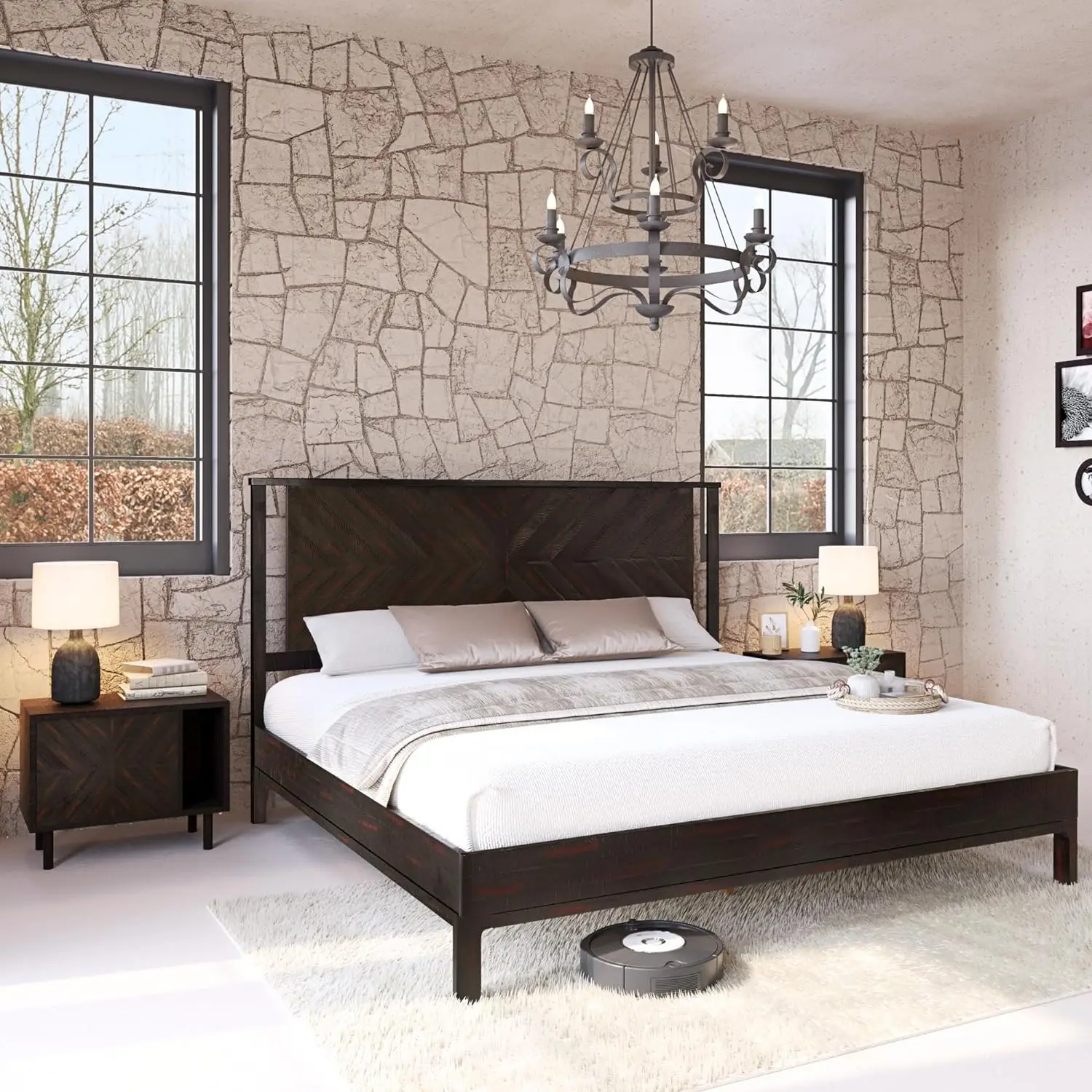 14 Inch Deluxe Bed Frame with Headboard, Rustic & Scandinavian Style with Solid Acacia Wood, No Box Spring Needed King