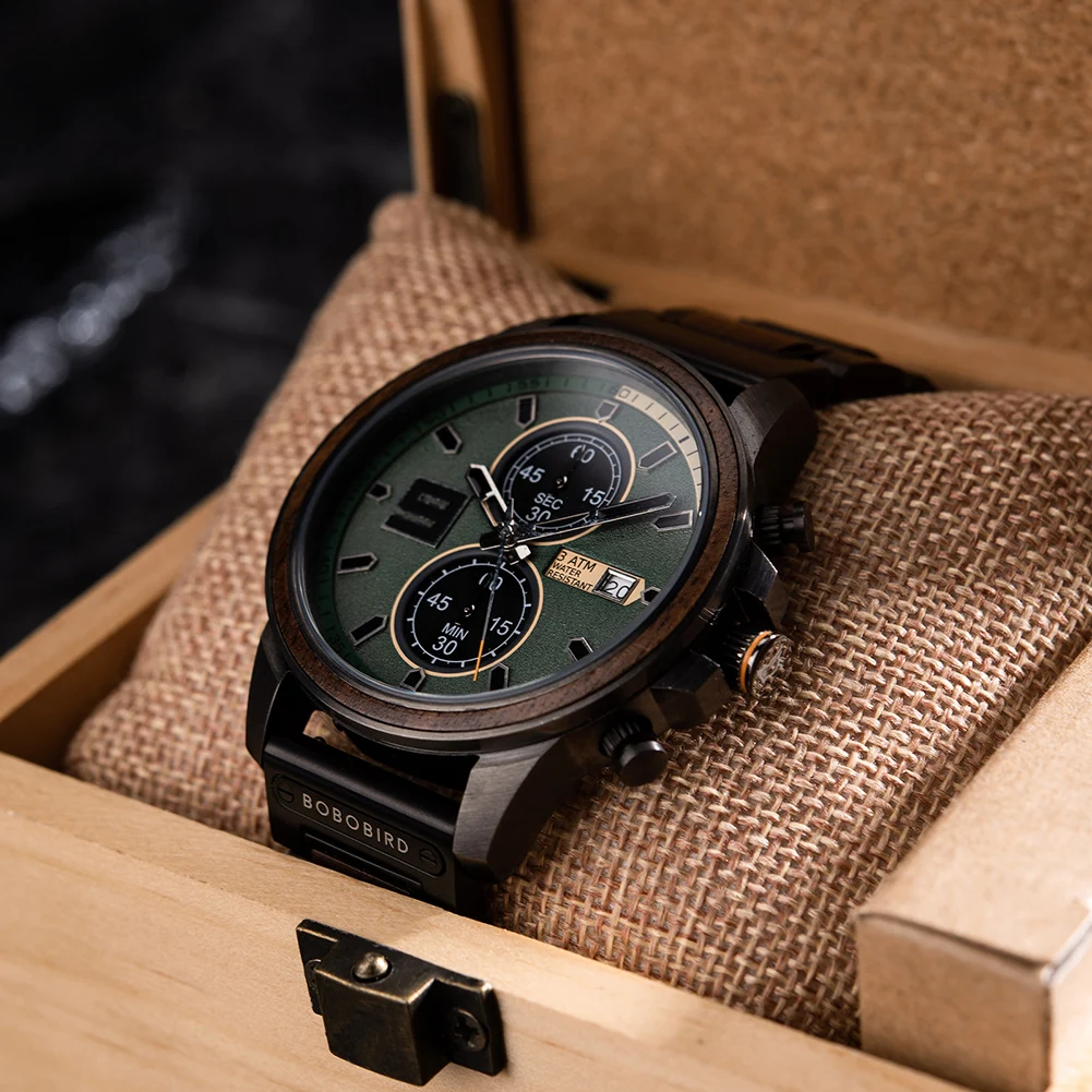 Wood Watch Men BOBOBIRD New Top Luxury Fashion Japanese Quartz Movement Military Style Multi-function Wristwatch Great Gift Box