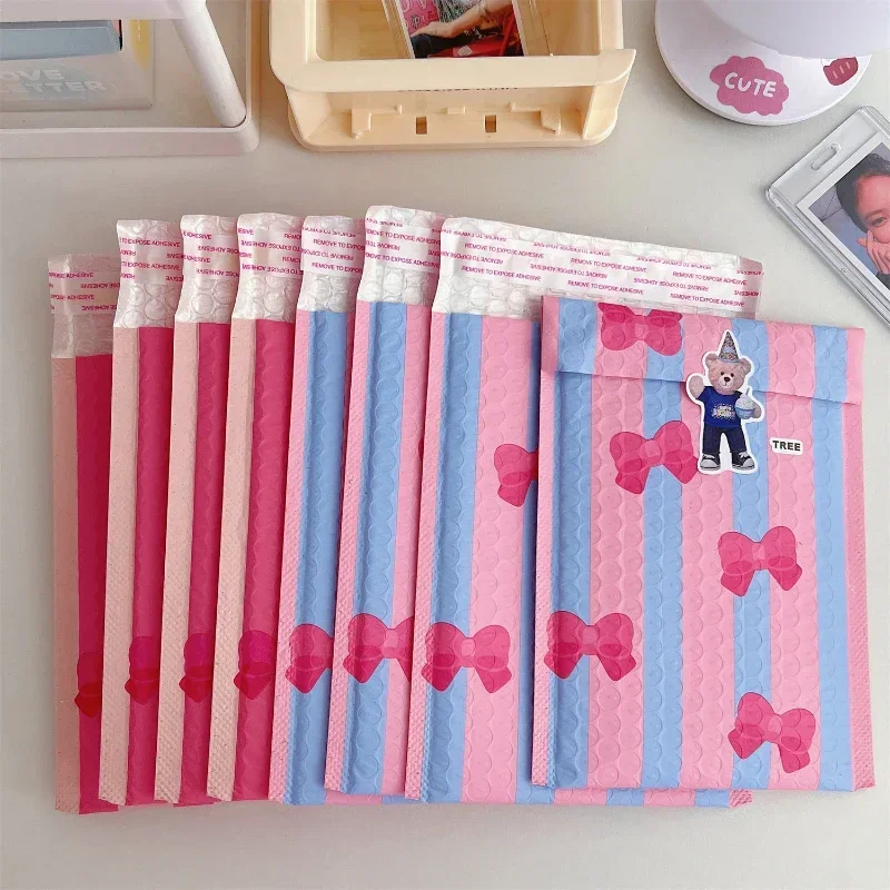 10Pcs INS Bow Rose Pink Blue Stripe Bubble Mailer Korean Kpop Photocard DIY Packing Bag Shipping Thickened Bubble Envelope Bag