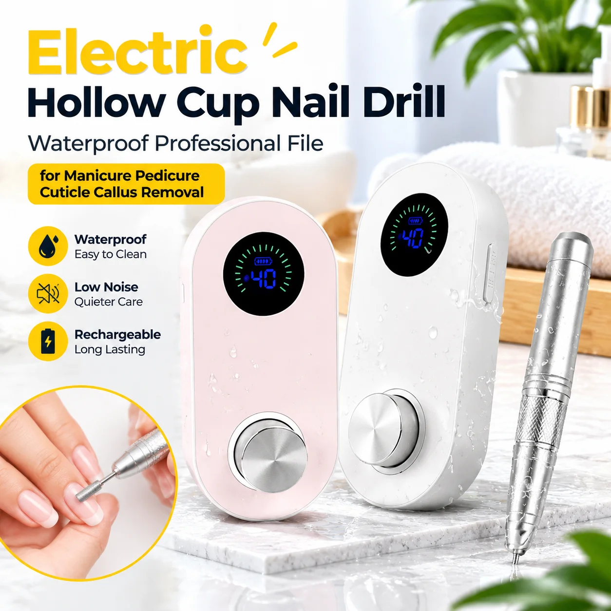 Electric Hollow Cup Nail Drill Waterproof Professional File for Manicure Pedicure Cuticle Callus Removal