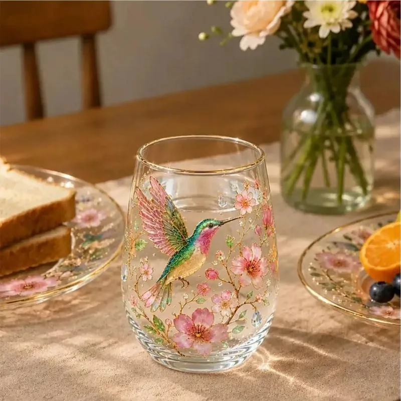 Garden Glass Cup Bee Bird Themed Clear Embossed Glassware Decorative Drinking Glass For Women Mom Girlfriend Hot Cocoa Milk