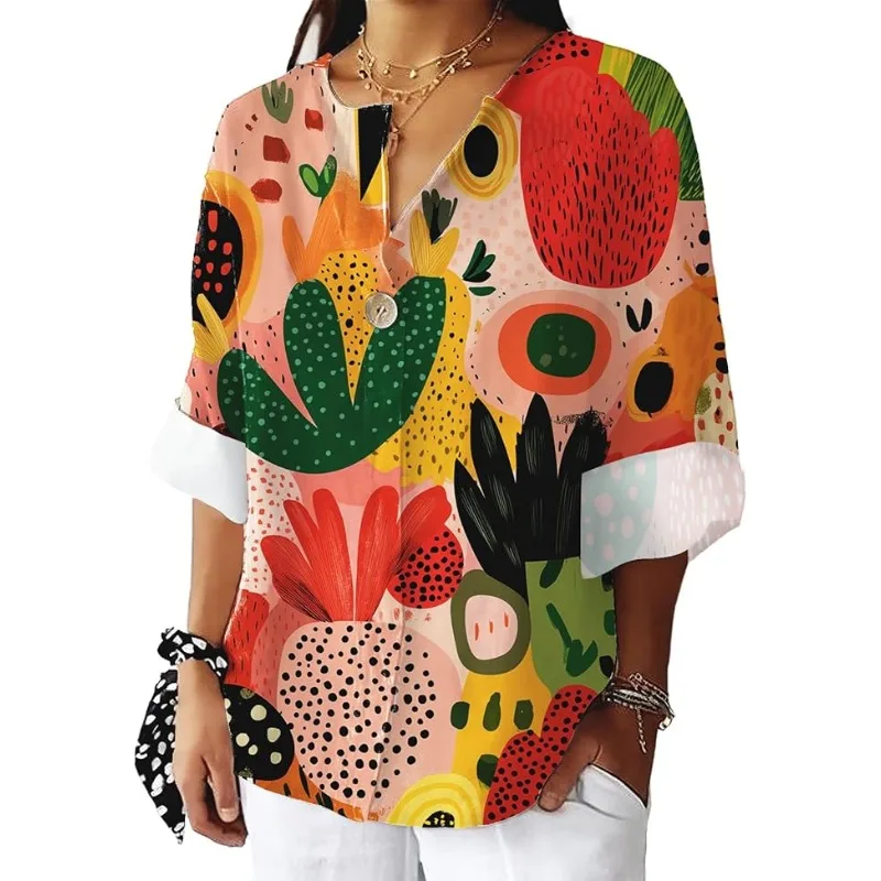 

Women's summer shirts vintage casual floral long sleeve novelty shirts boho style button tops fashionable V-neck