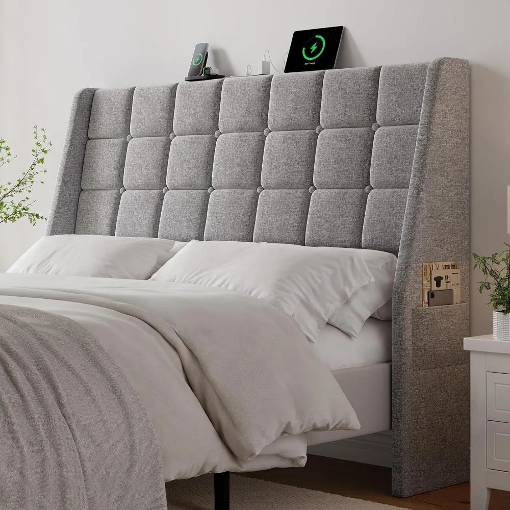 Upholstered Headboard Queen Size w/Charging Station, Linen Wingback Headboards w/Storage Pocket, Queen Headboard Only