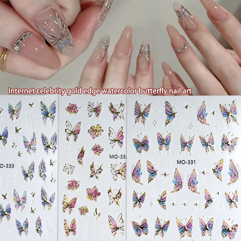 Pegatinas de mariposa con borde dorado para uñas, adornos de lujo con purpurina, calcomanías para manicura DIY, lámina deslizante