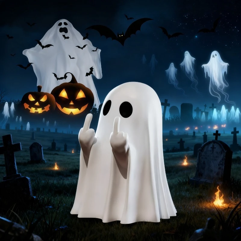 8.5cm White Cute Ghost Halloween Romantic Shelf Desk Decor Black Bat Resin Mini Statue Kawaii Heart Ghost Middle Finger  Decor
