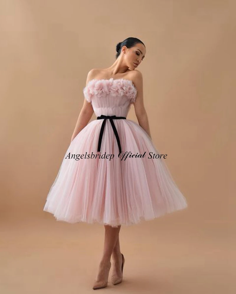 Customized  A-line Prom Dresses Strapless Ruffles Tea Length Pink Party Gown for Graduation Dress Black Belt Celebrity Jurken