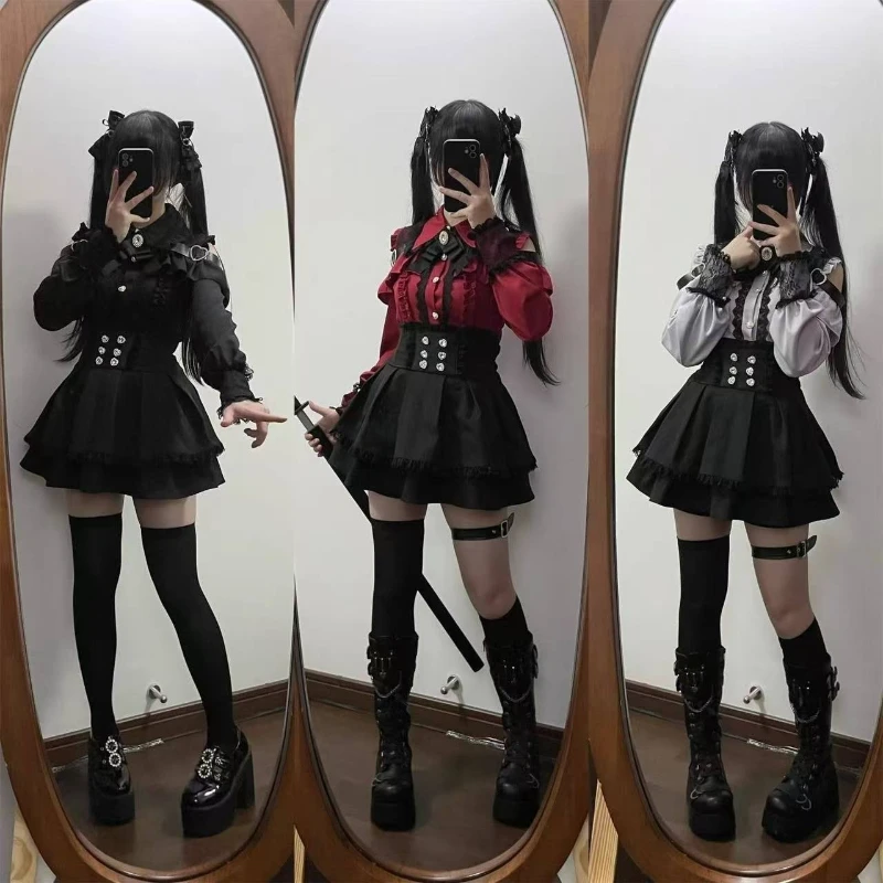 2025 النمط الياباني تنورة قصيرة مجموعة القوطية كشكش التنانير الصغيرة مثير الدانتيل قبالة الكتف لوليتا قميص ثوب Faldas Y2k البدلة الجمالية