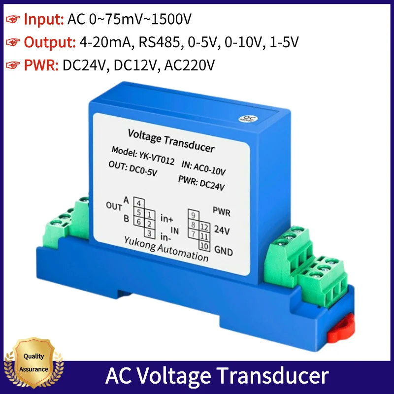 AC Voltage Transmitter High Precision AC 5V 20V 50V 100V 220V 380V 1000V Transducer Sensor 4-20mA 0-5V 0-10V Output 24VDC