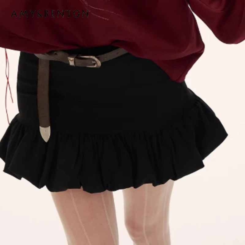 

2025 Autumn Winter New Black Ruched Bud Women's Bodycon Skirt Fashion High-End Casual Y2k Versatile Mini Short Skirts Ladies