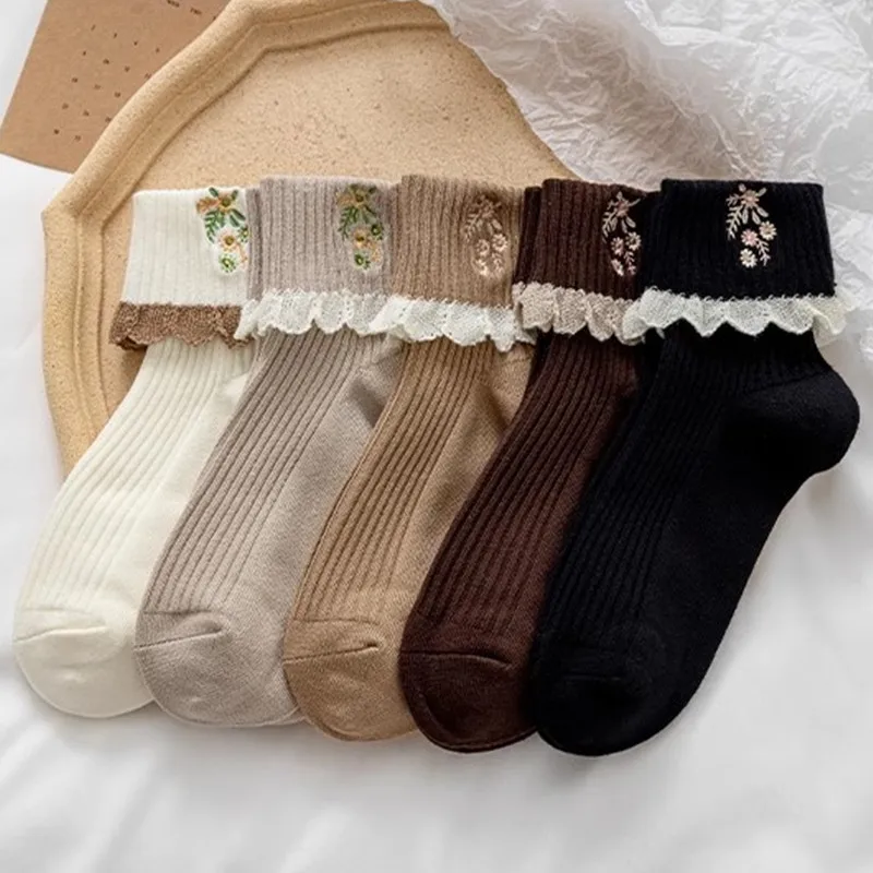 Japanese Kawaii Cute Socks JK Lolita Lace Frilly Ruffle Socks Women Fashion Flower Embroidery Harajuku Retro Vintage Crew Socks