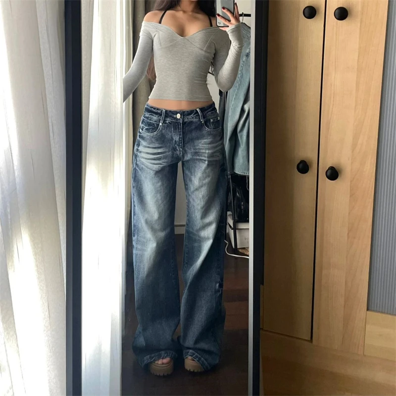 Women\'s Retro Wide Leg Washed Blue Jeans Summer New Cool Girl Straight Bottoms Vintage Casual Trousers Female Mid-Waisted Pants