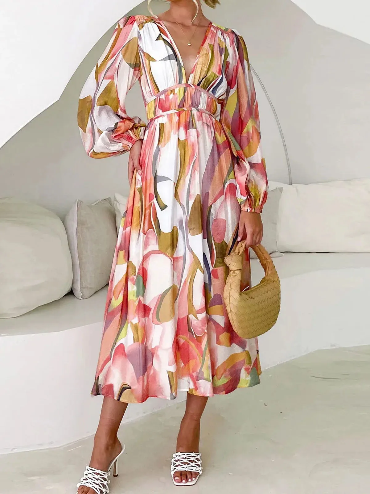 Bunte Kleider für Damen, Frühling und Sommer, abstrakter Kunstdruck, tiefer V-Ausschnitt, Puffärmel, gesmokte Taille, Midi-Urlaubskleid