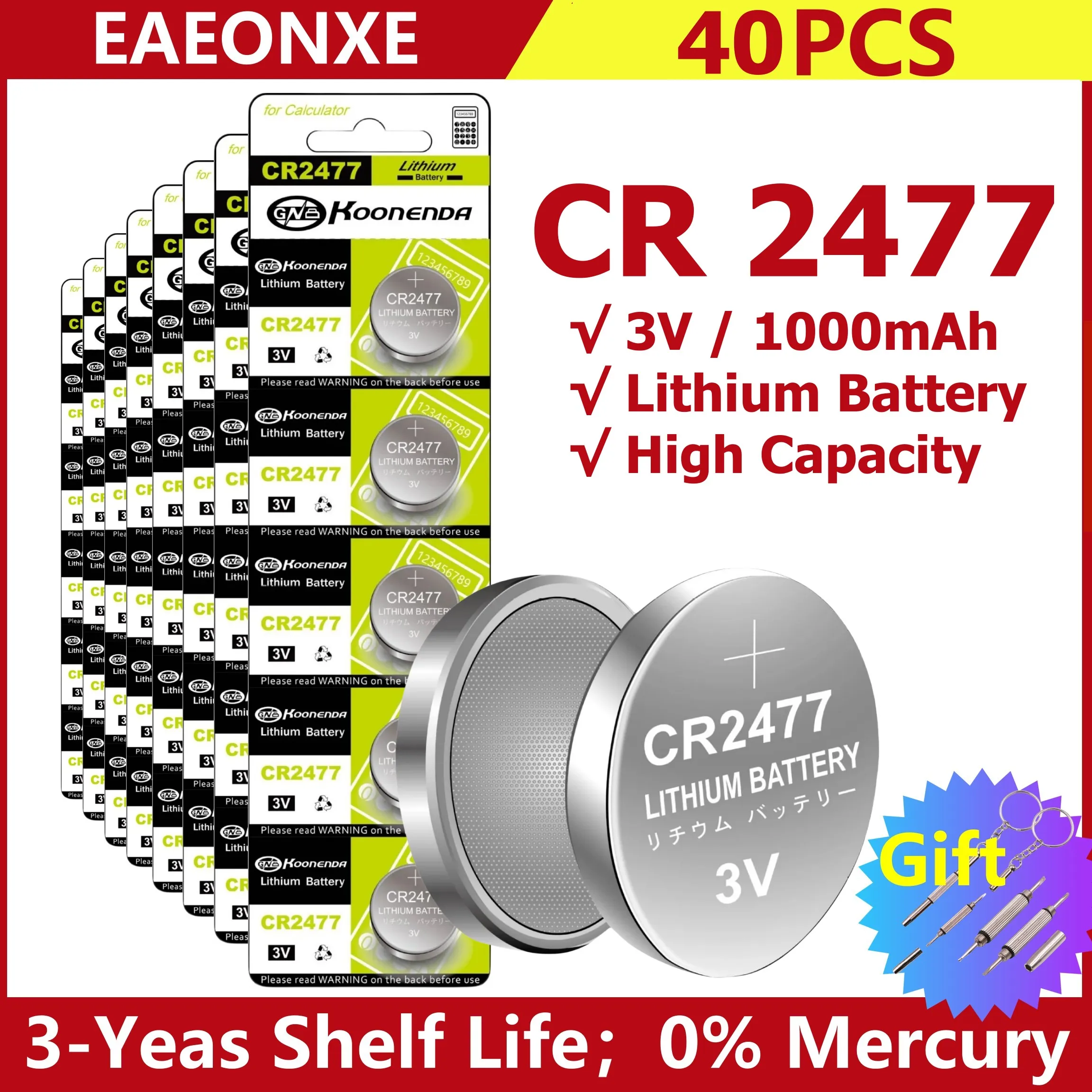 40pcs High Capacity CR2477 Button Cell Battery 2477 Watch Batteries for Remote Calculator Scales Stable Performances with gift