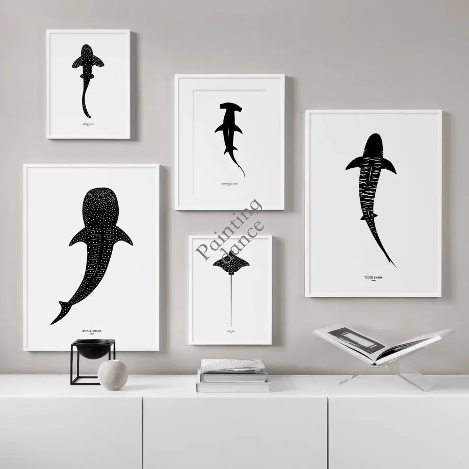 Affiches nordiques en toile avec motifs de vie marine (requins, rayons aigle) en noir et blanc, impressions d'art mural pour salon et décoration intérieure