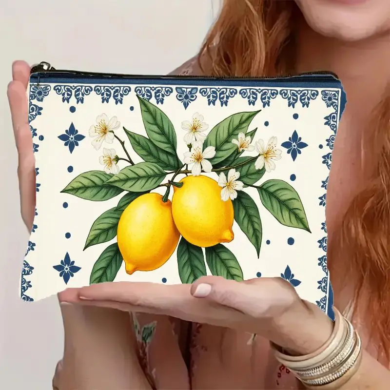 Lightweight Cosmetic Pouch Featuring Lemon and Floral Design Equipped with a Zipper Closure Perfect for Travel and Everyday Use