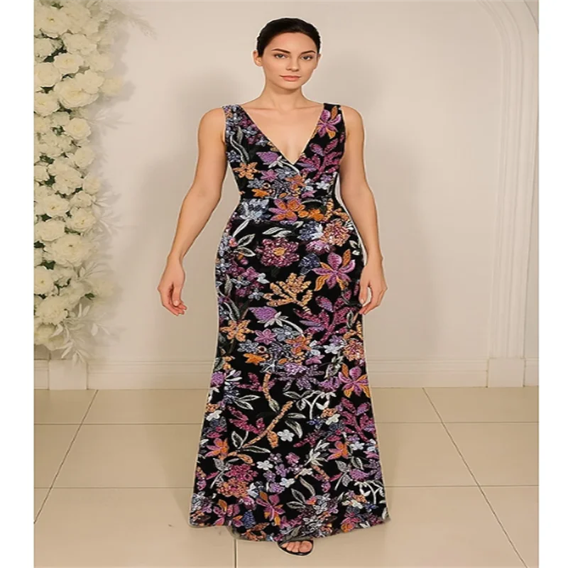 Hight qulity elegante vestido de baile com decote em v longo vestido de festa para mulher rendas seqine vestidos de noite sem mangas 2026 personalizado