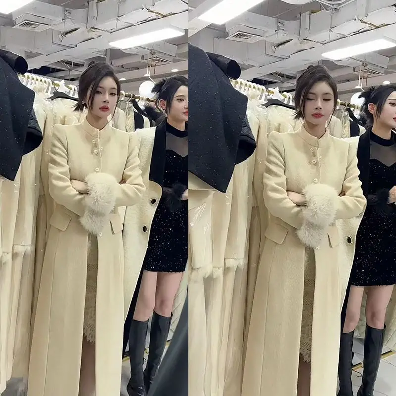 

Модное элитное шерстяное пальто Y2K Socialite, женское белое зимнее новое пальто средней длины с узкой талией, утолщенное выше колена