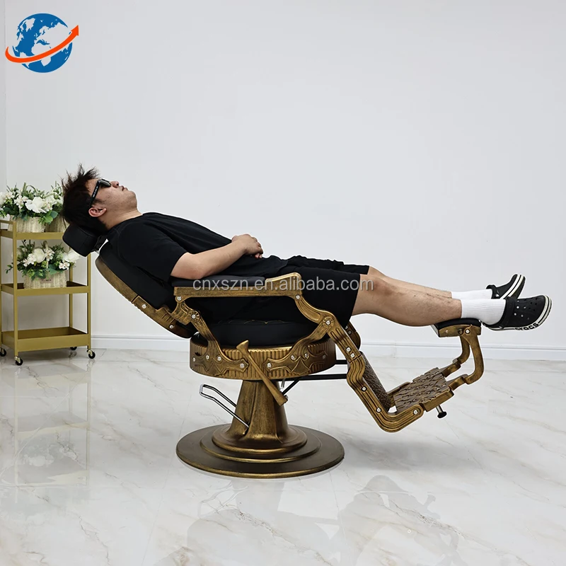 Retro European Hydraulic Barber Chair Full Recline Synthetic Leather Styling Chair Adjustable Footrest Height Adjustable 360